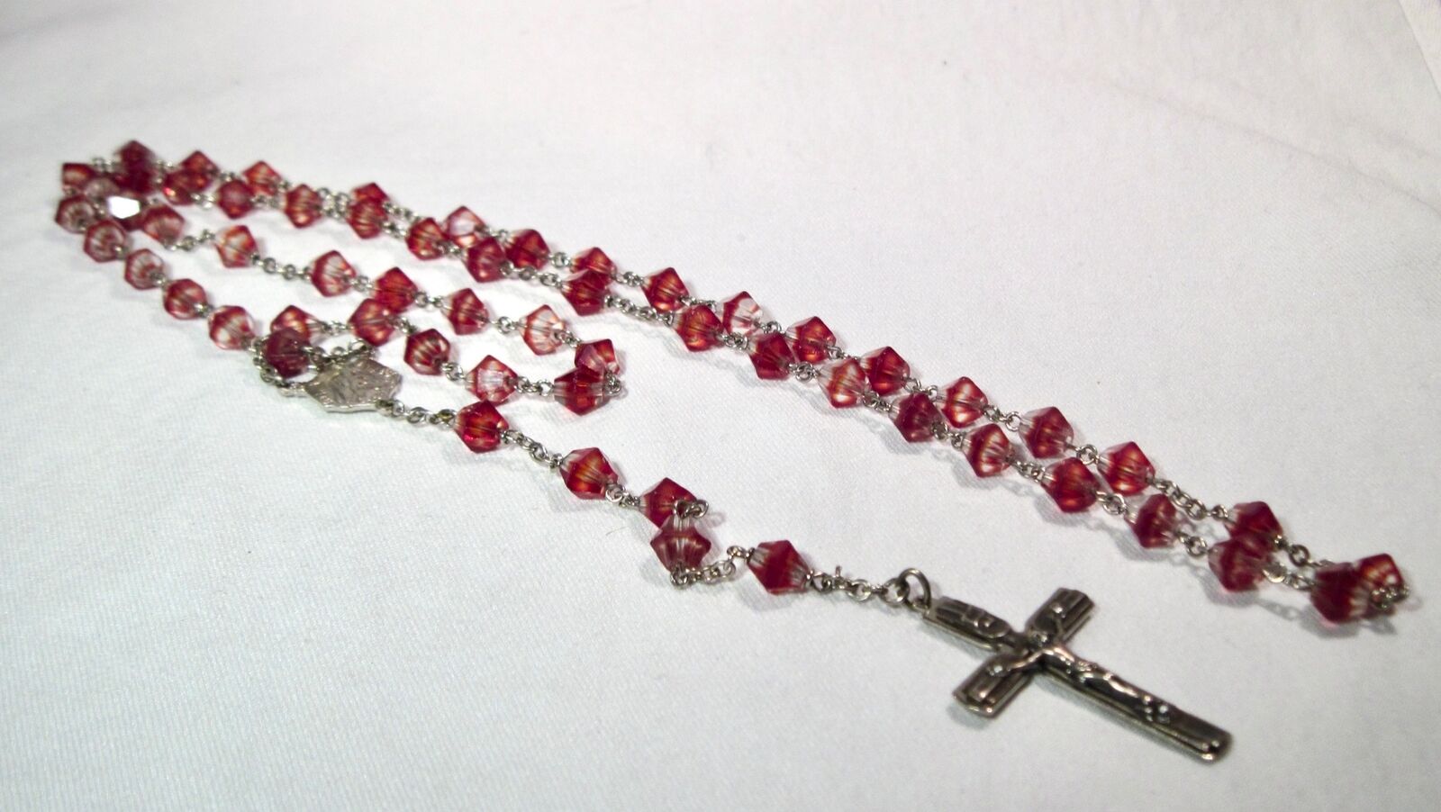 Vintage Silver Tone Faceted Red Bead Rosary Necklace K1845