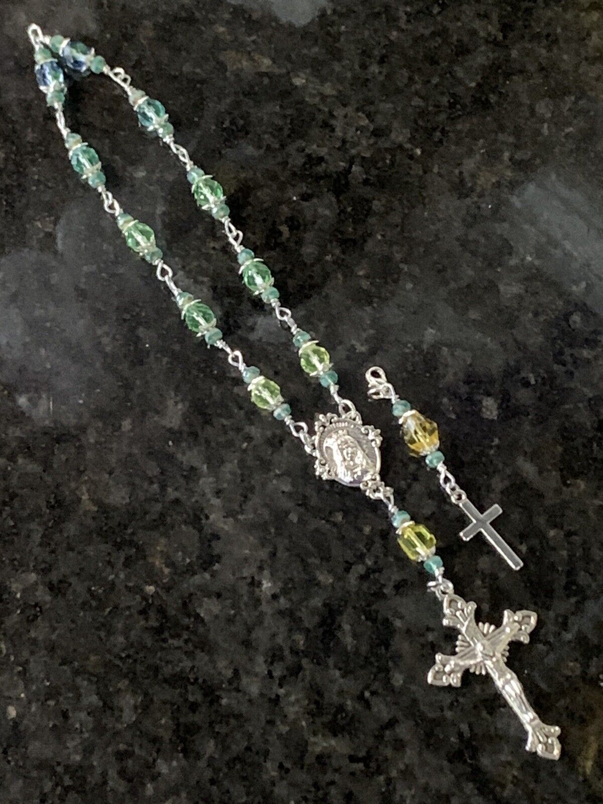 Vintage Uranium Glass UV Glow Aqua Green Multi Handmade Rosary Prayer Beads ☢️