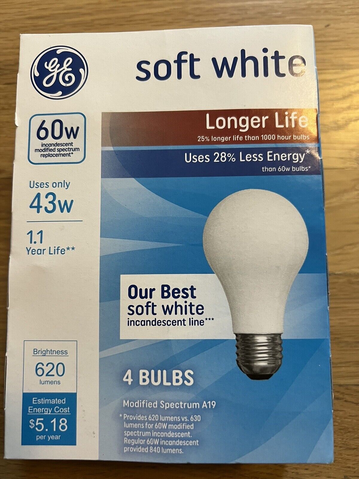 GE 60 W A19 Soft White 4-pack 620 Lumens Basic Bulbs Longer Life NOT LED Incand