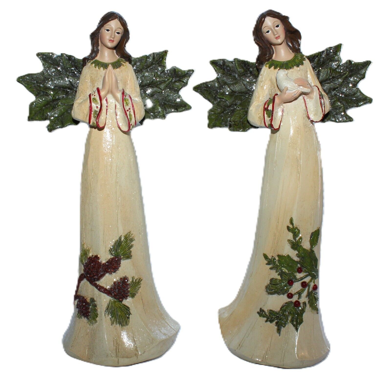 Pair Of Resin Holly Winged Christmas Angel Statues 12