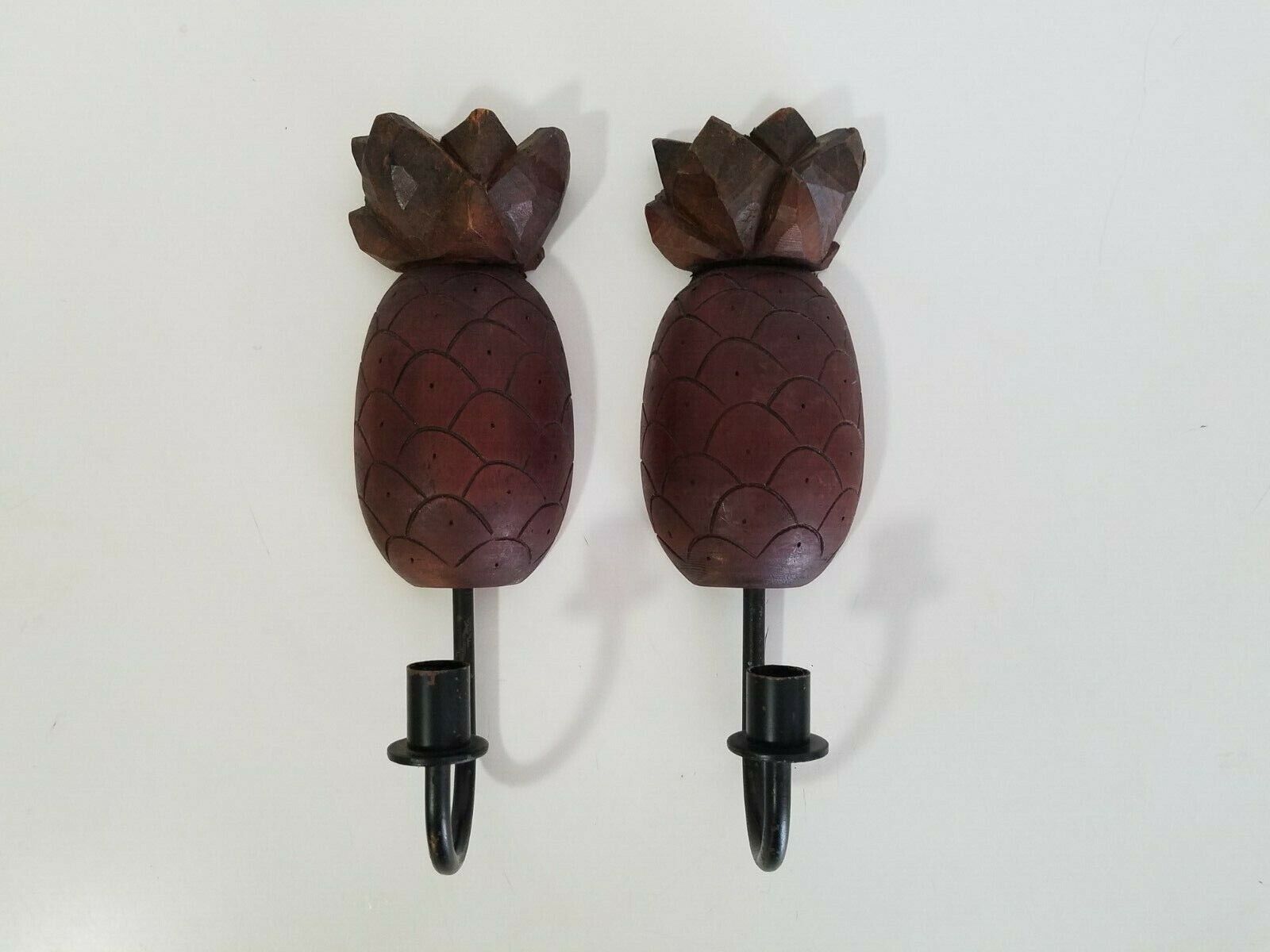 Cute Pair of Vintage Pineapple Candle Sconces Wood & Metal 