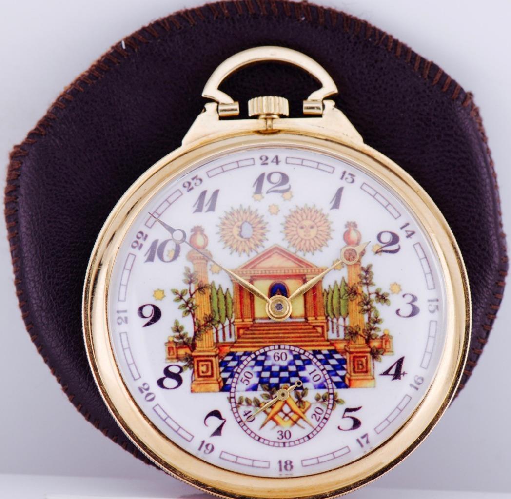 Antique Invar Masonic Pocket Watch 18k Solid Gold Fancy Enamel Dial c1920\'s