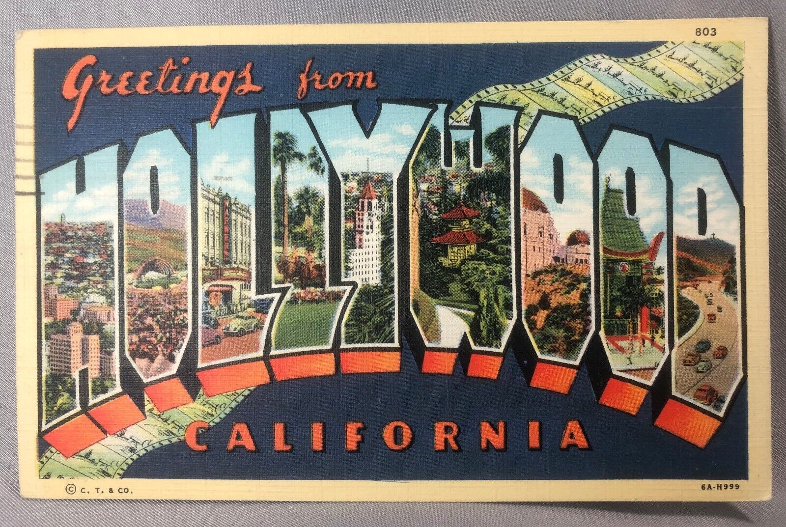 1944 HOLLYWOOD California Big LARGE LETTER Postcard Vintage Linen