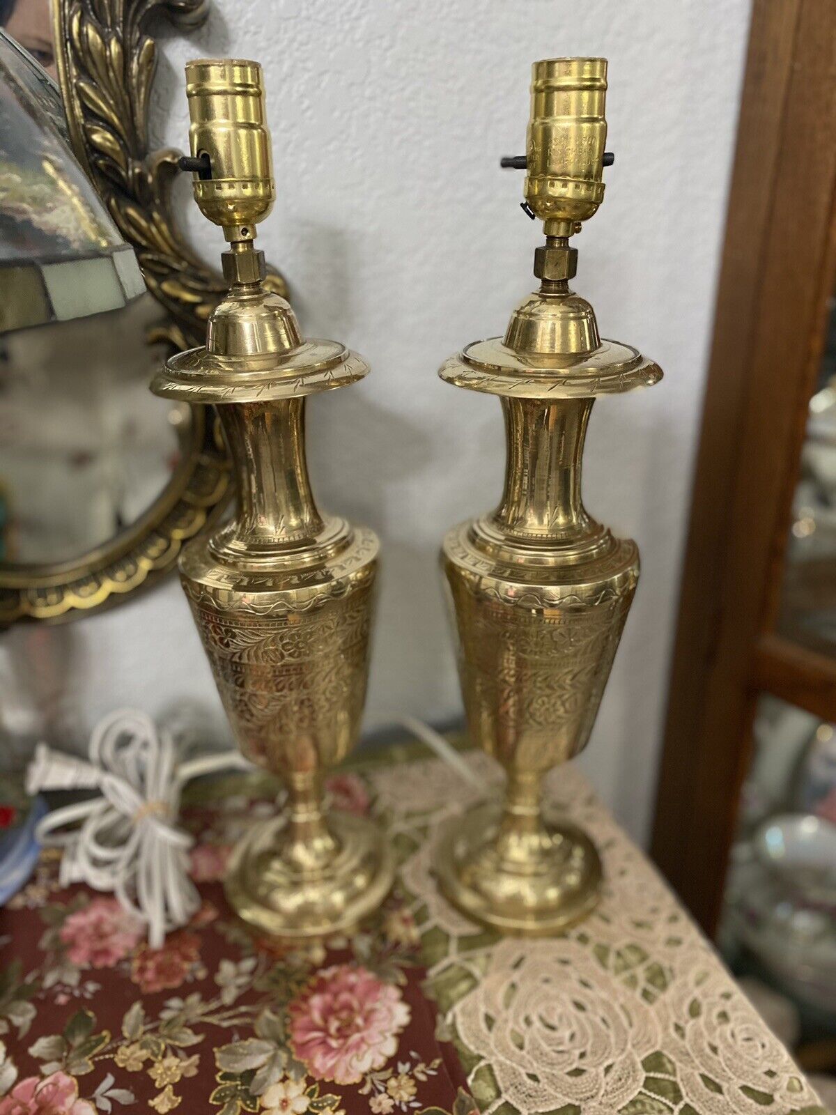 Pair of Antique Brass Table Lamps Turkish Style- Stamped Pakistan.
