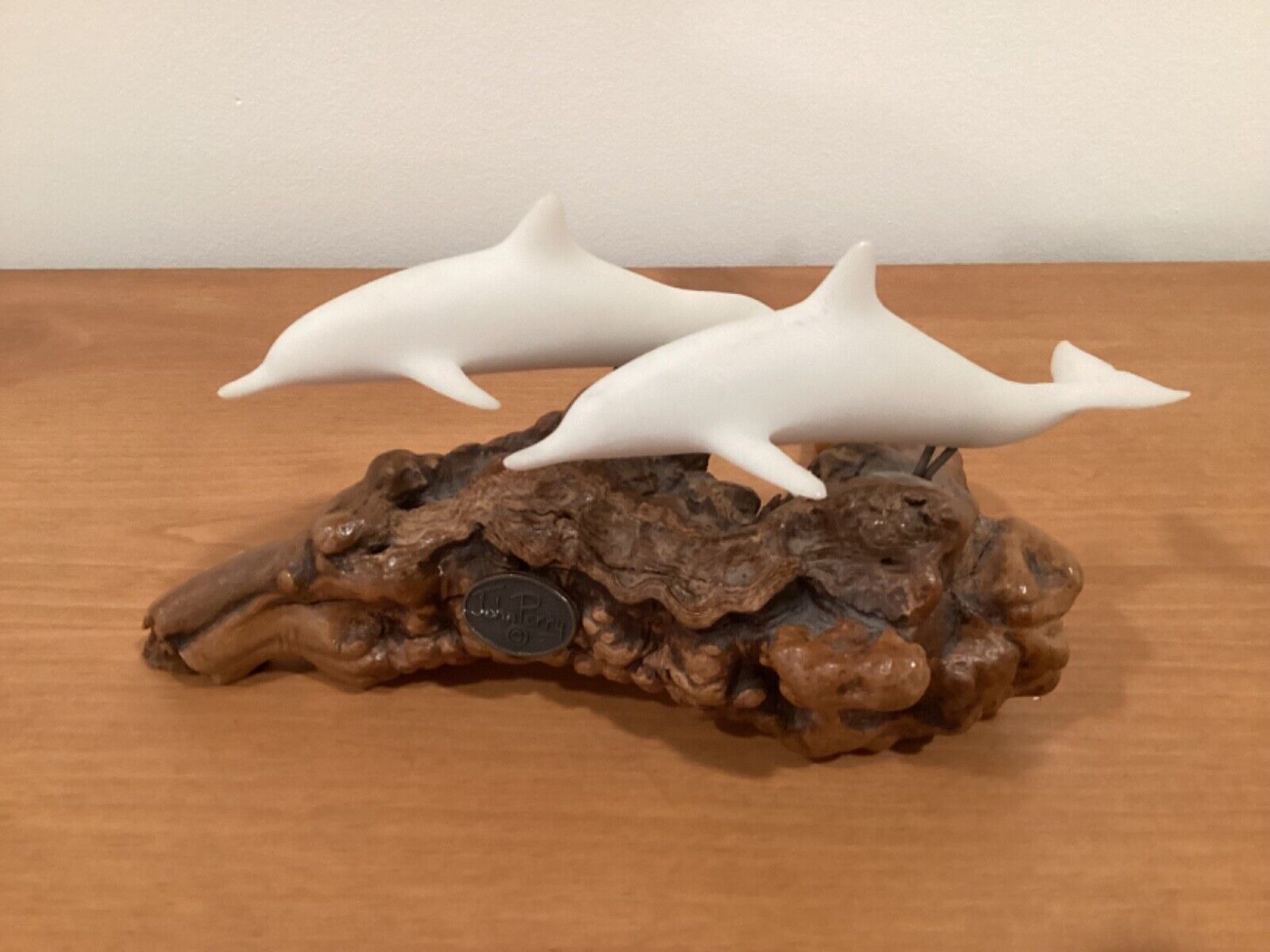 John Perry 2 Dolphins On Burl Drift Wood Vintage. Approx. 7”long. Dolphin 4 1/2”