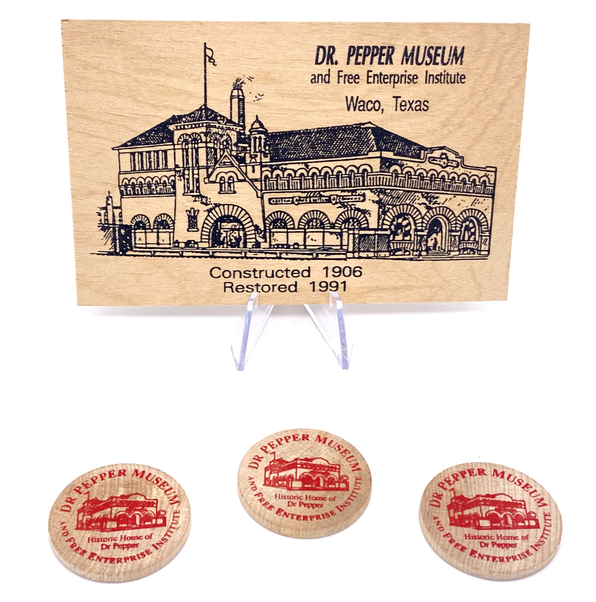 Dr Pepper Museum Wooden Postcard by Vandercraft & (3) Admission Tokens Waco, TX