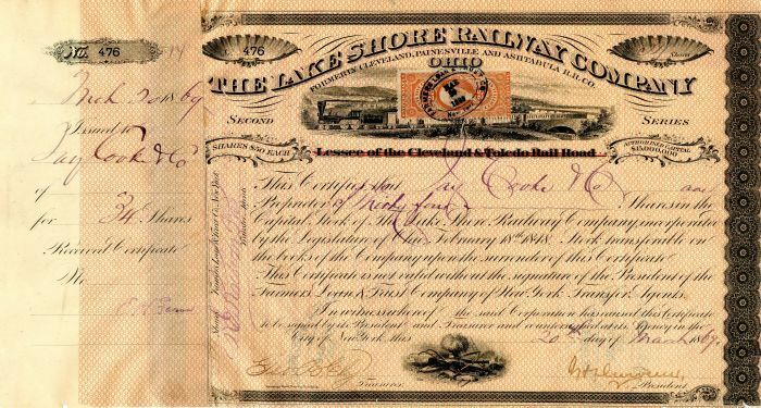 Lake Shore Railway Co. Issued to Jay Cooke & Co. and signed by Henry Devereux - 