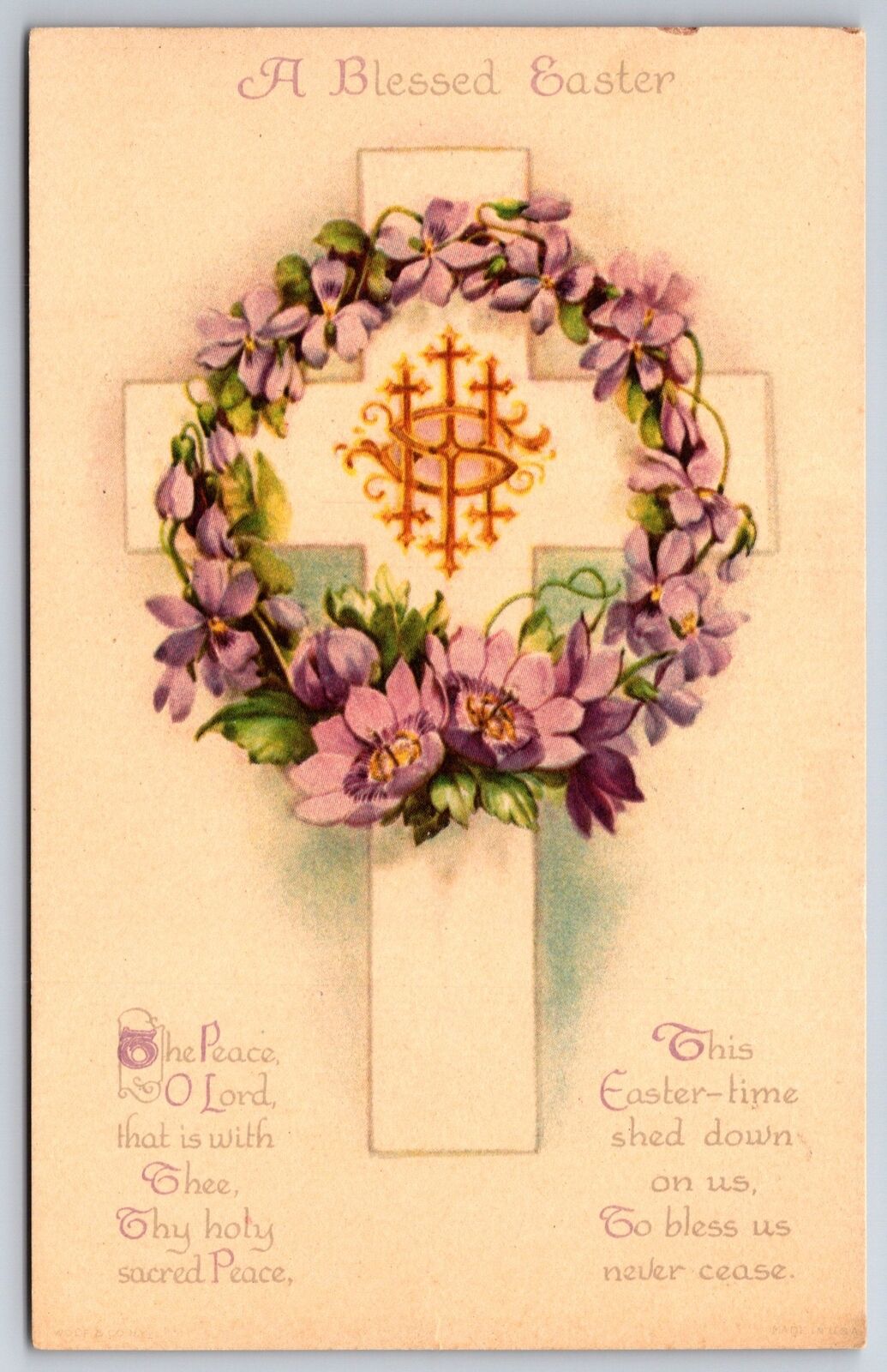 Clapsaddle Easter~Violets Wreath On Cross~IHS In Center~Bless Us Lord~WOLF~c1910