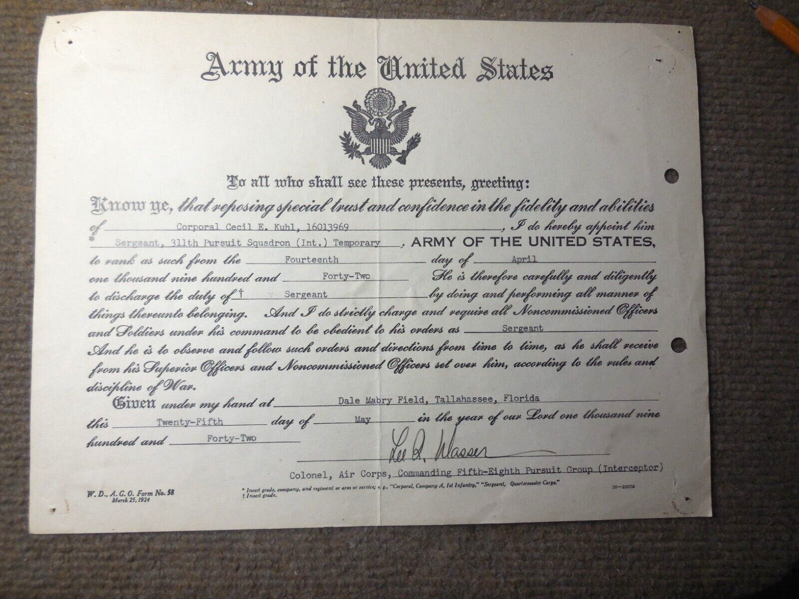 Vintage WWII 1942 USAAF Sergeant Promotion Document 311th Pursuit Squadron