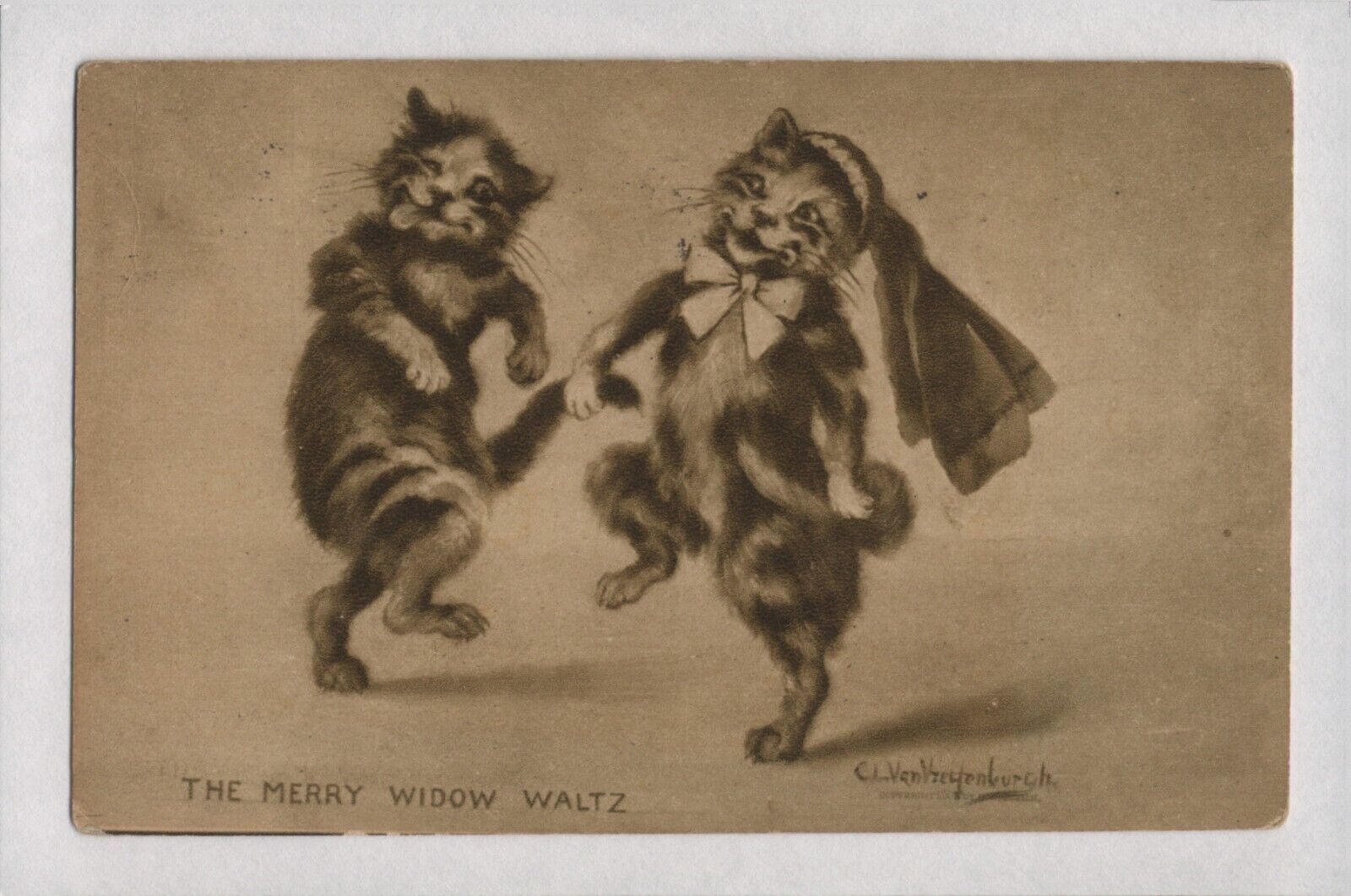 1910 Postcard 2 Cats Dancing The Merry Widow Waltz by Artist C l Van Vredenburgh
