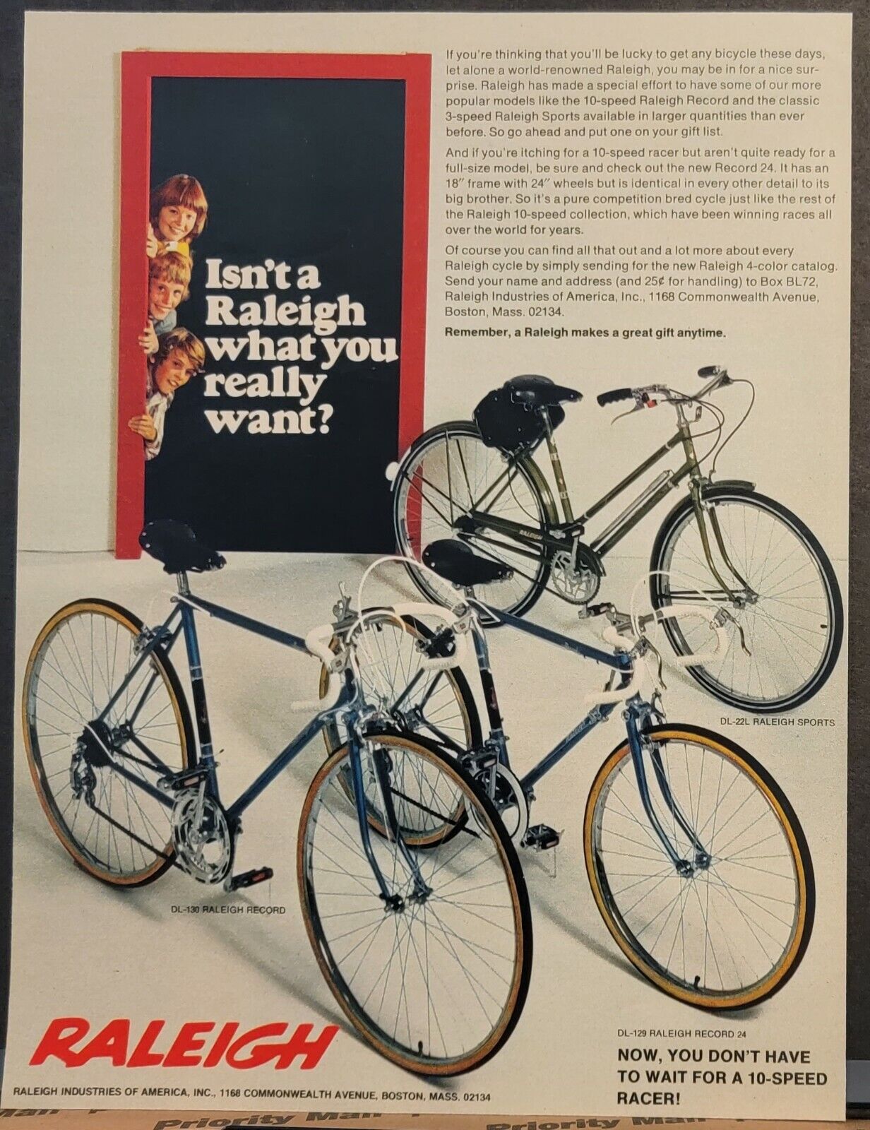 1972 Raleigh Bicycle Bike Print Ad 3 Speed Sports Model 10 Speed Record 24