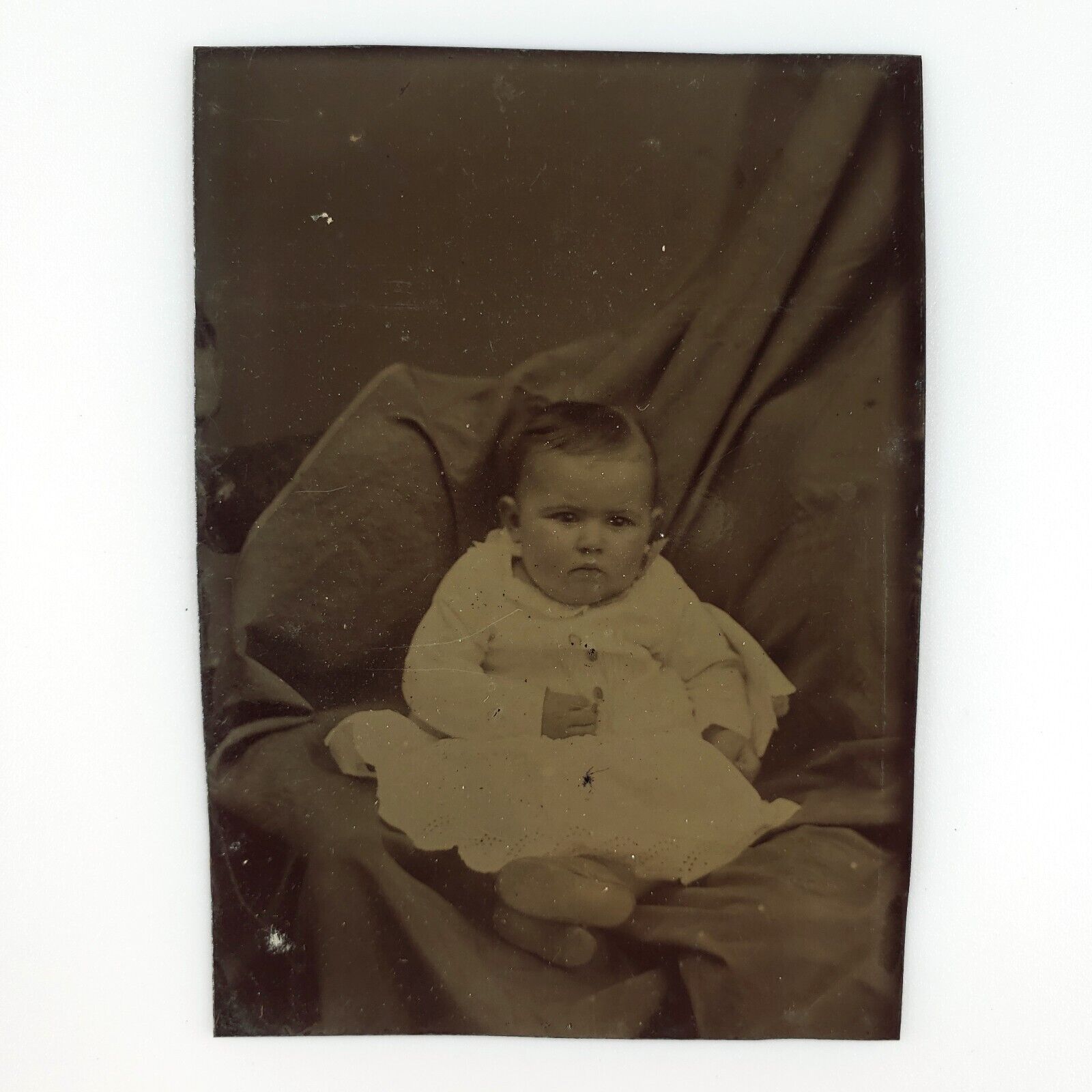Hidden Mother Supporting Baby Tintype c1870 Antique 1/6 Plate Child Photo H938