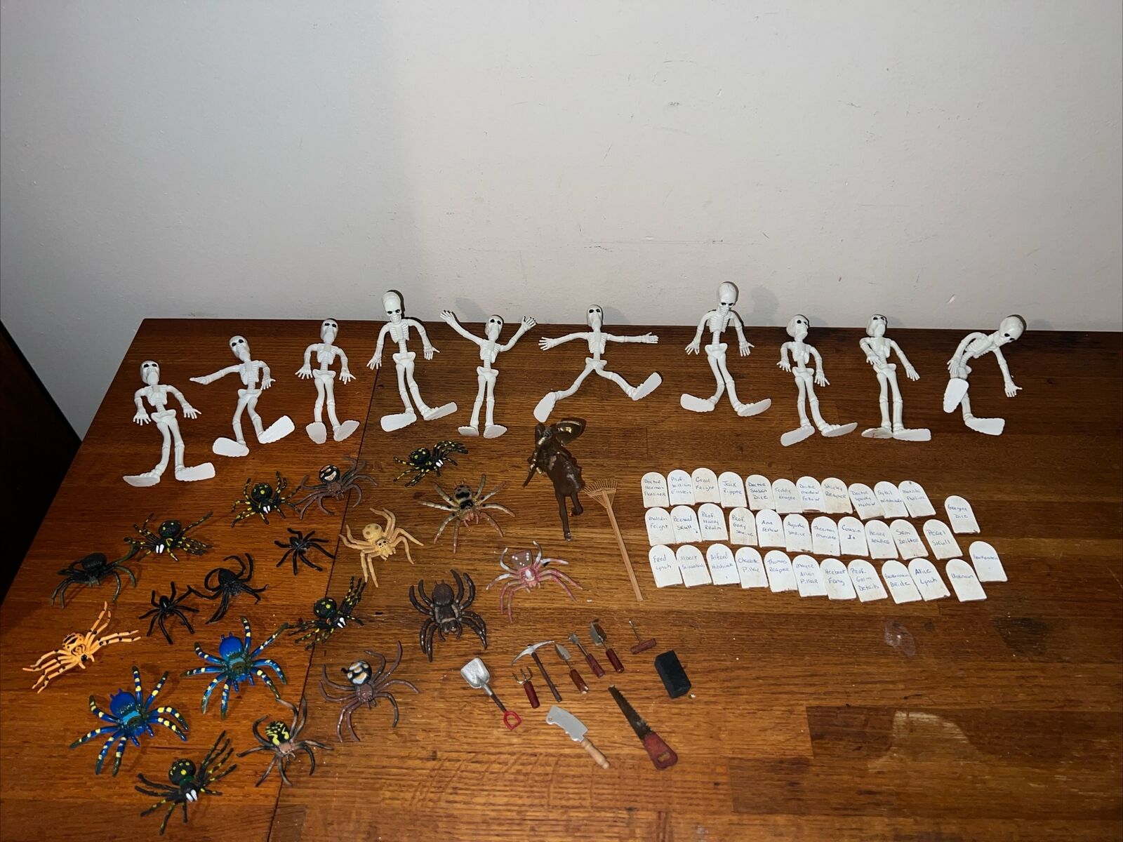 Vtg Rubber Pose-able Skeletons Tools Spiders Tombstones Decorations Lot