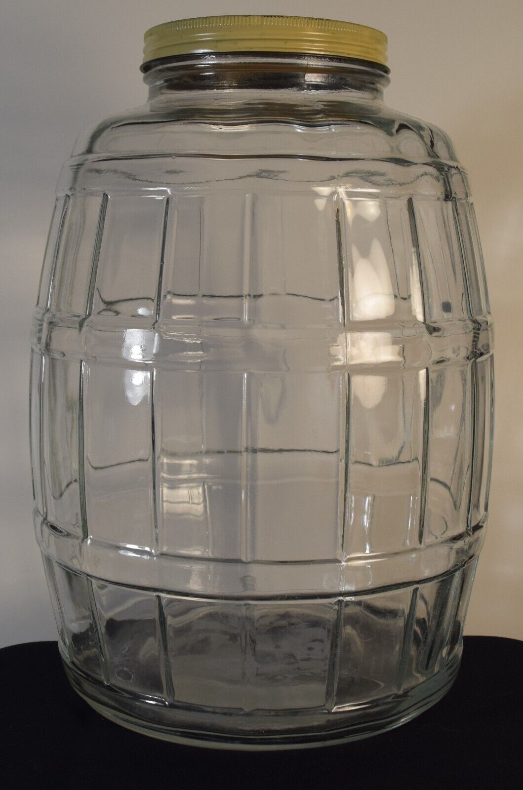 Large Vintage Clear Glass Pickle Jar Keg Barrel Style With Metal Lid 2.5 Gallon