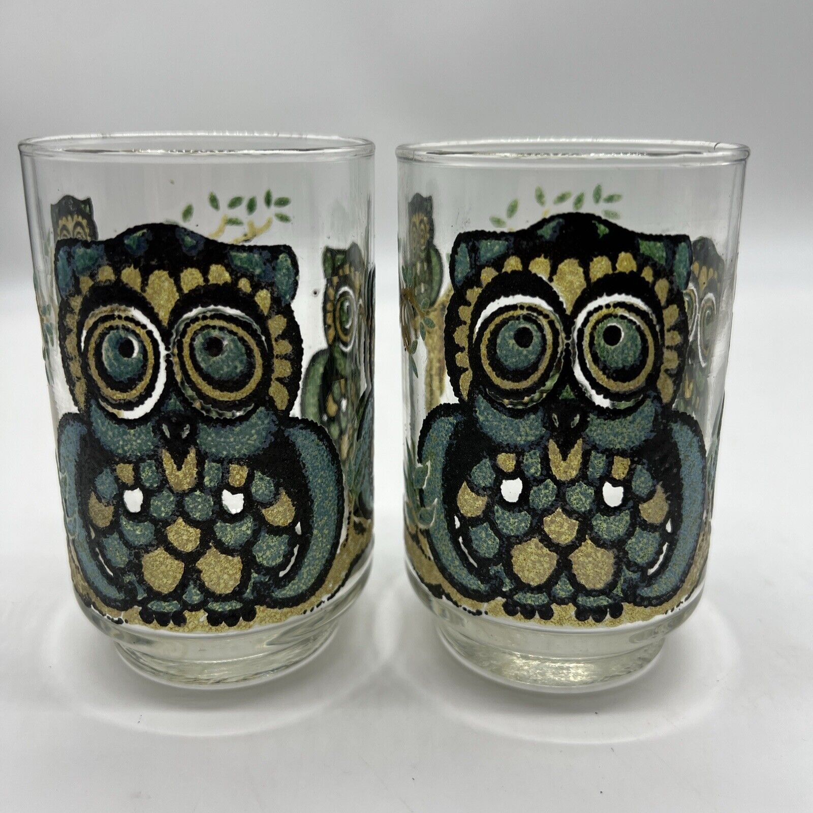 1970\'s Libbey Wise and Playful Owl Tumblers Glasses Set Of 2 VTG