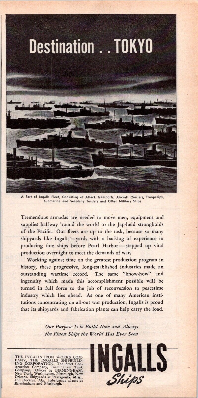 VINTAGE 1944 INGALLS SHIPS DESTINATION TOKYO WWII ERA PRINT AD