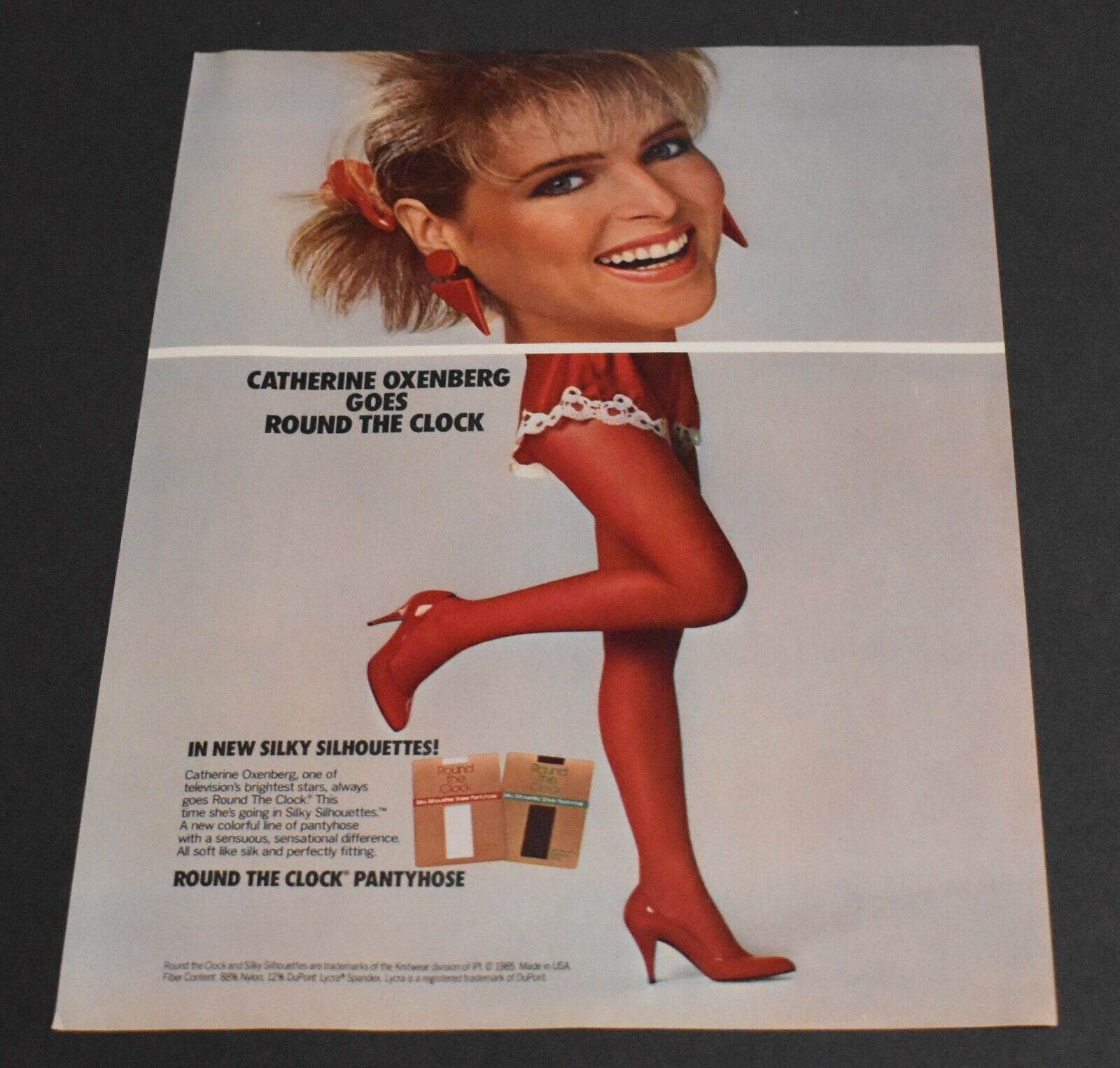 1985 Print Ad Sexy Heels Long Legs Lady Blonde Red Pantyhose Round the Clock art