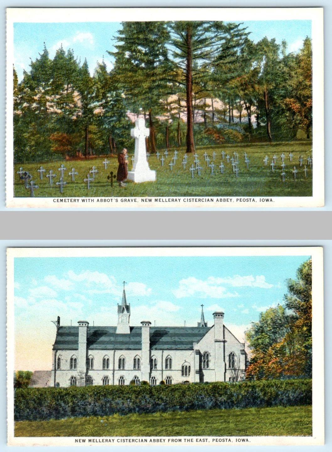 2 Postcards PEOSTA, IA ~ Cistercian Abbey CEMETERY & ABBOT\'S GRAVE c1920s