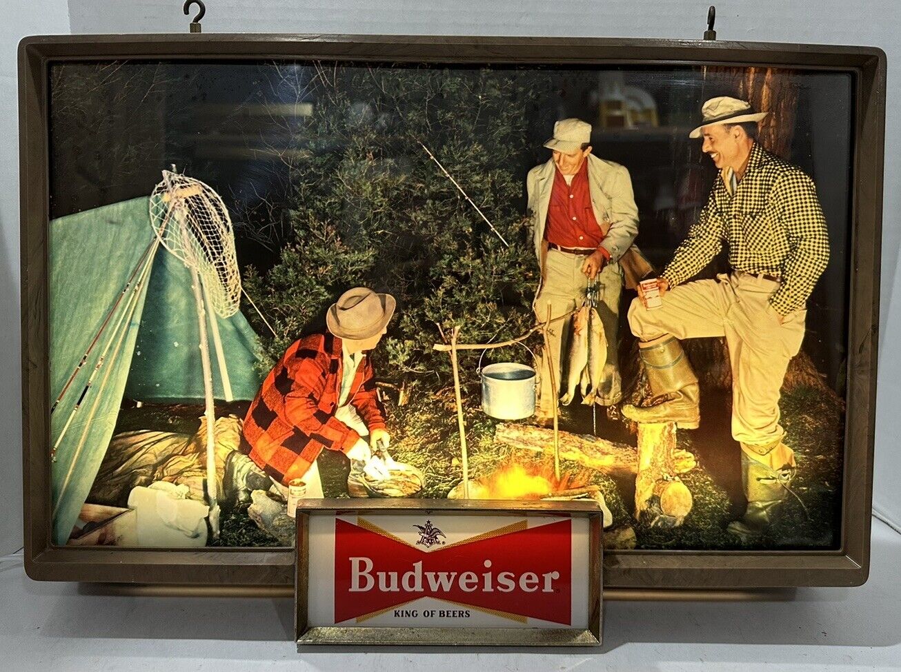 Vintage 1950s Budweiser Lighted Beer Sign Campfire Fishing Scene EXCELLENT