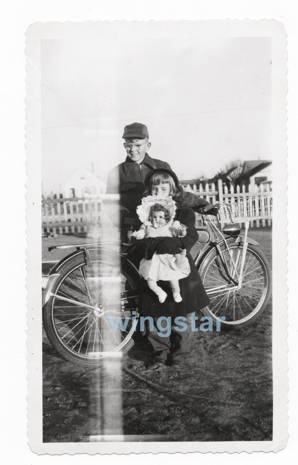 Old Photo Bicycle Bike Large Doll Girl Boy headlamp 1960s Vintage