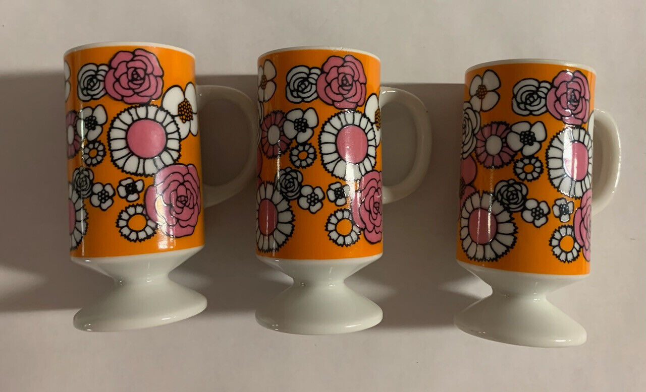 Set Of 3 - Vintage Orange Flowers small Retro floral pedestal/footed cups