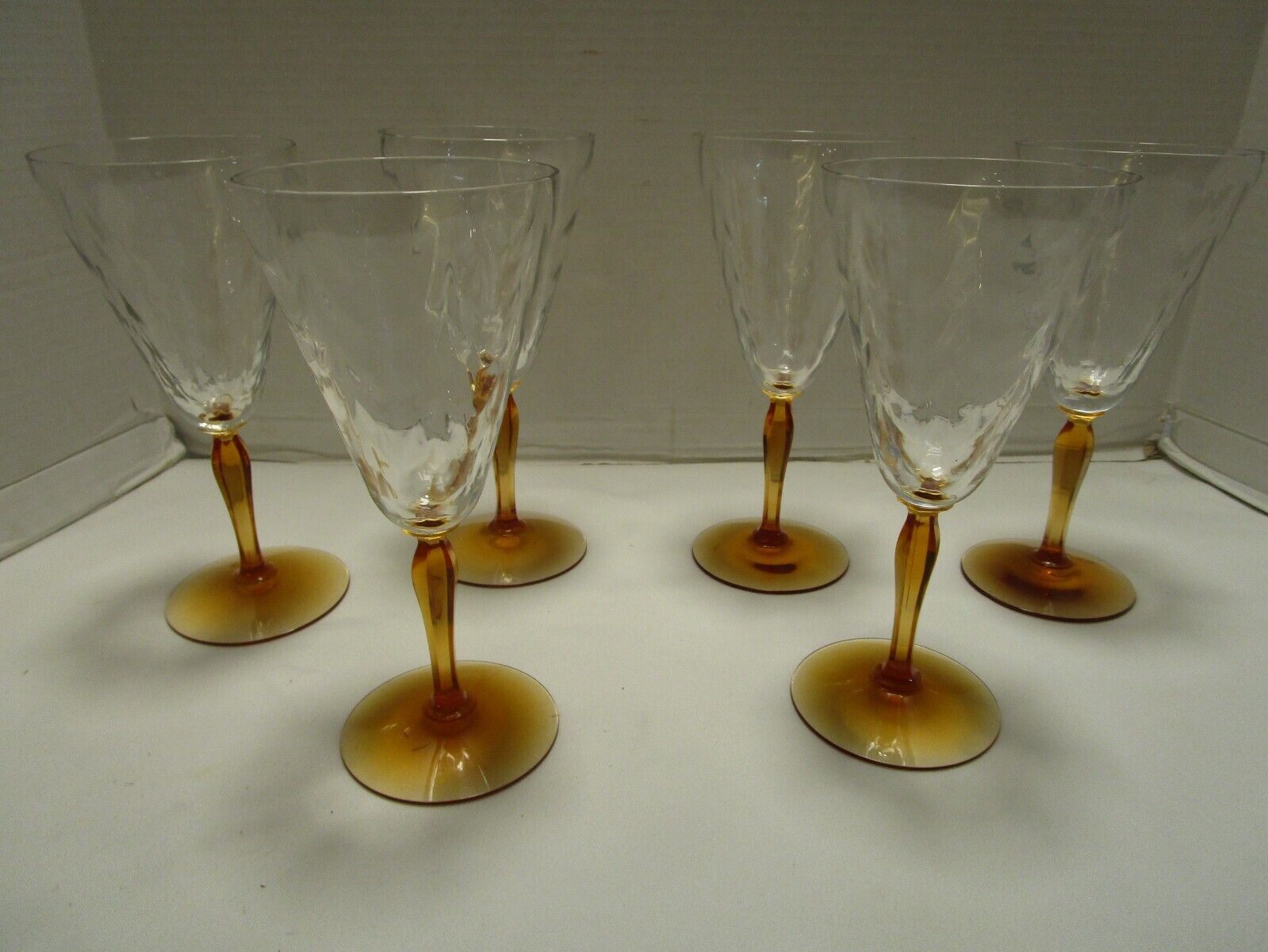 Vtg. Fostoria Glass set 6 Goblets clear Optic Loop Amber stem 7.5\