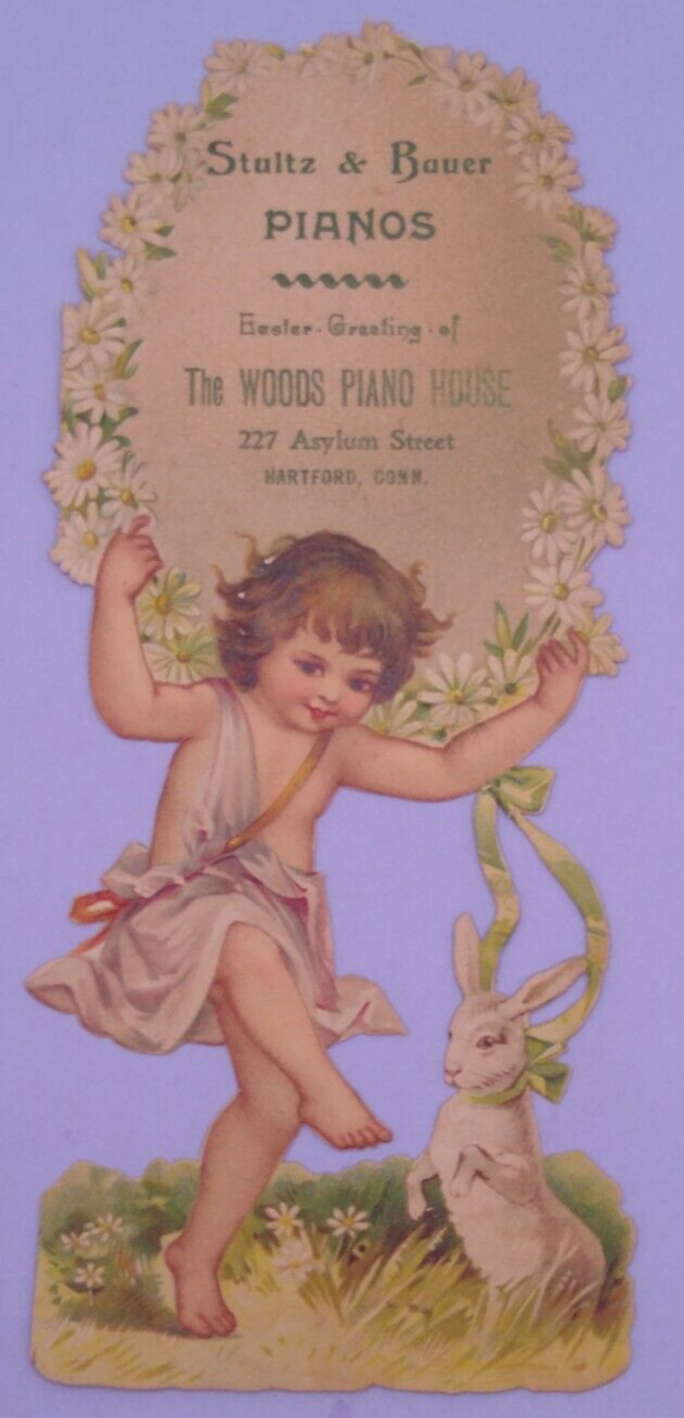 1800s Woods Piano House Stultz Bauer Hartford Die Cut Easter Rabbit Trade Card 2