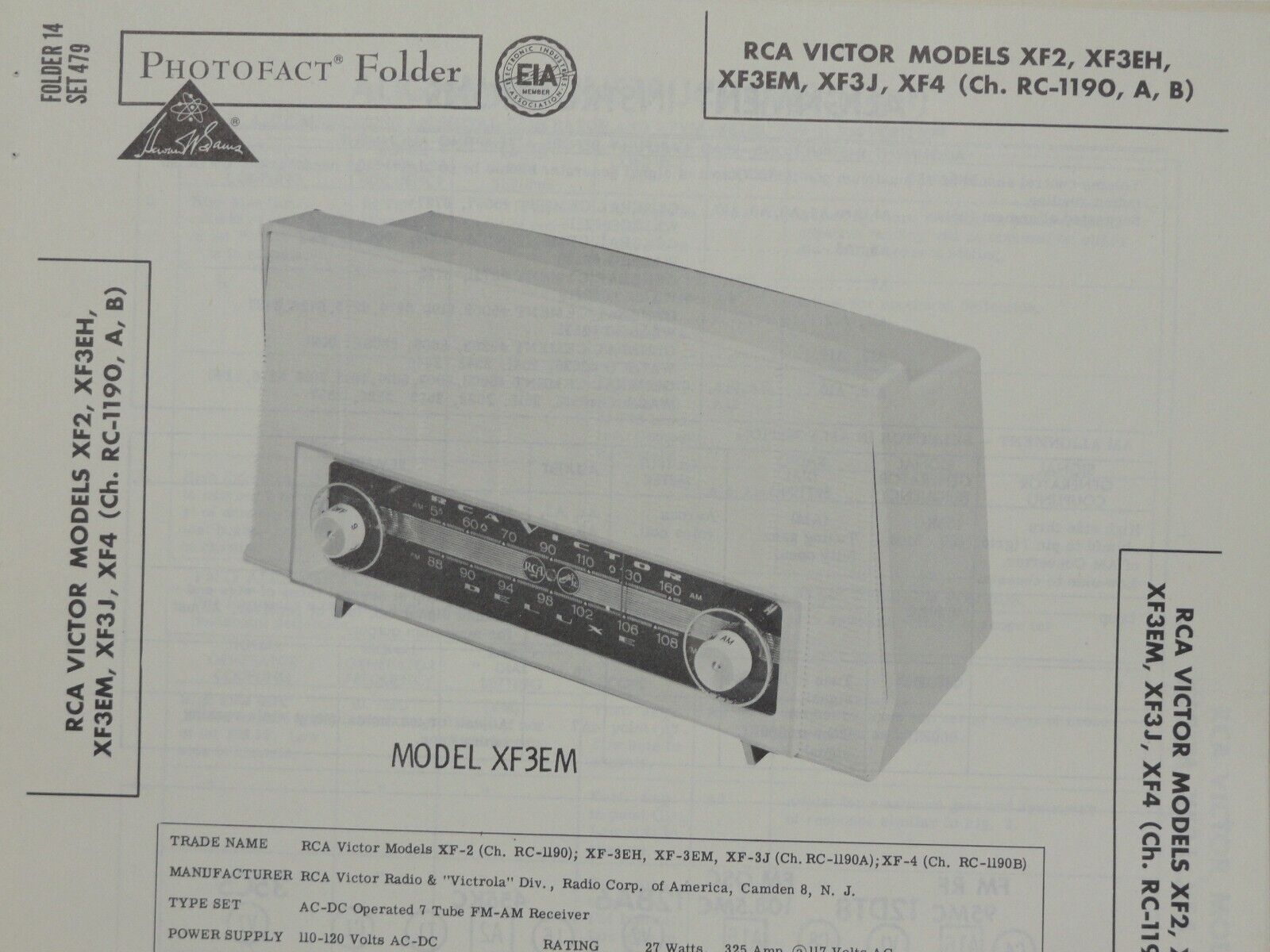 Original Sams Photofact Manual RCA VICTOR XFS, XF3EH, XF3EM, XF3J, XF4 (479)