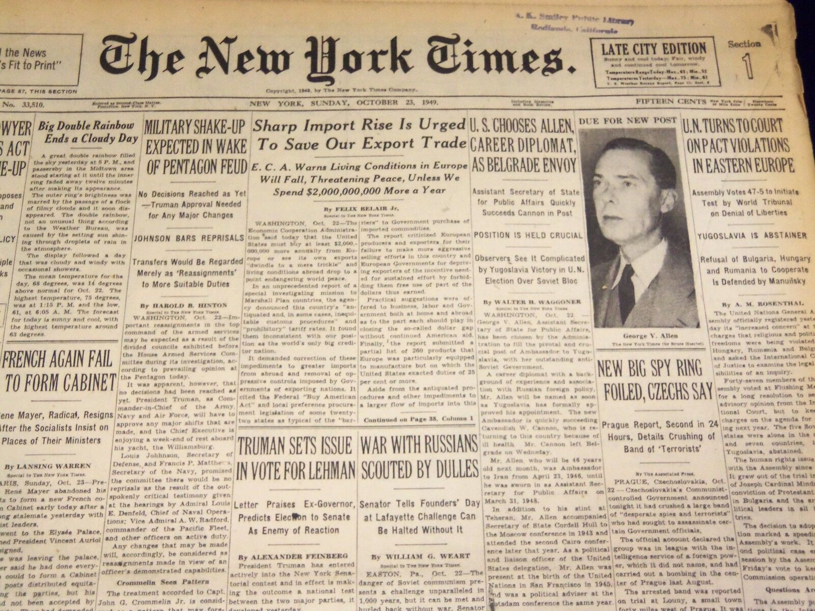 1949 OCTOBER 23 NEW YORK TIMES - SHARP IMPORT RISE IS URGED - NT 2991