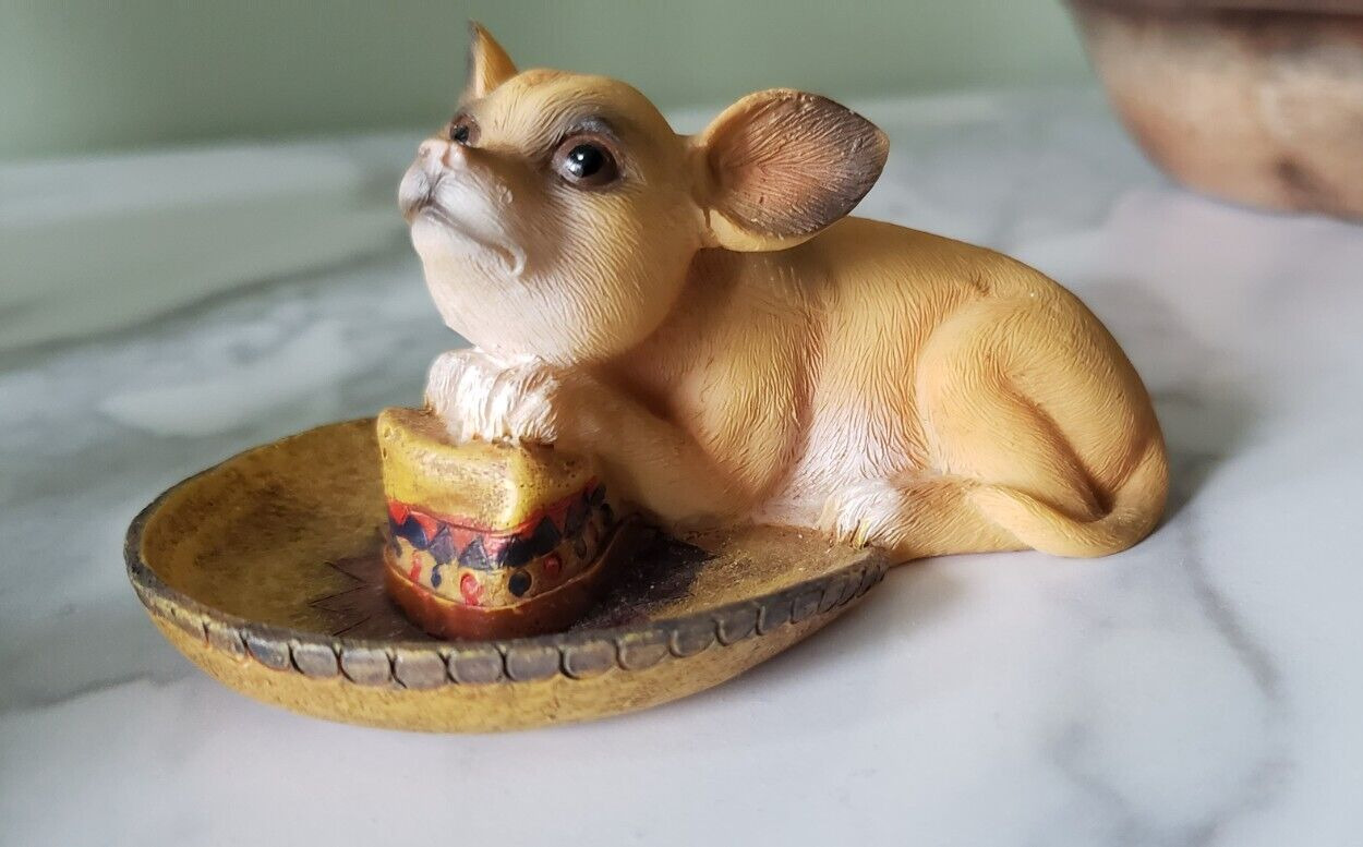 Vintage Adorable and Charming Resin Chihuahua Figurine Resting on Sombrero Hat