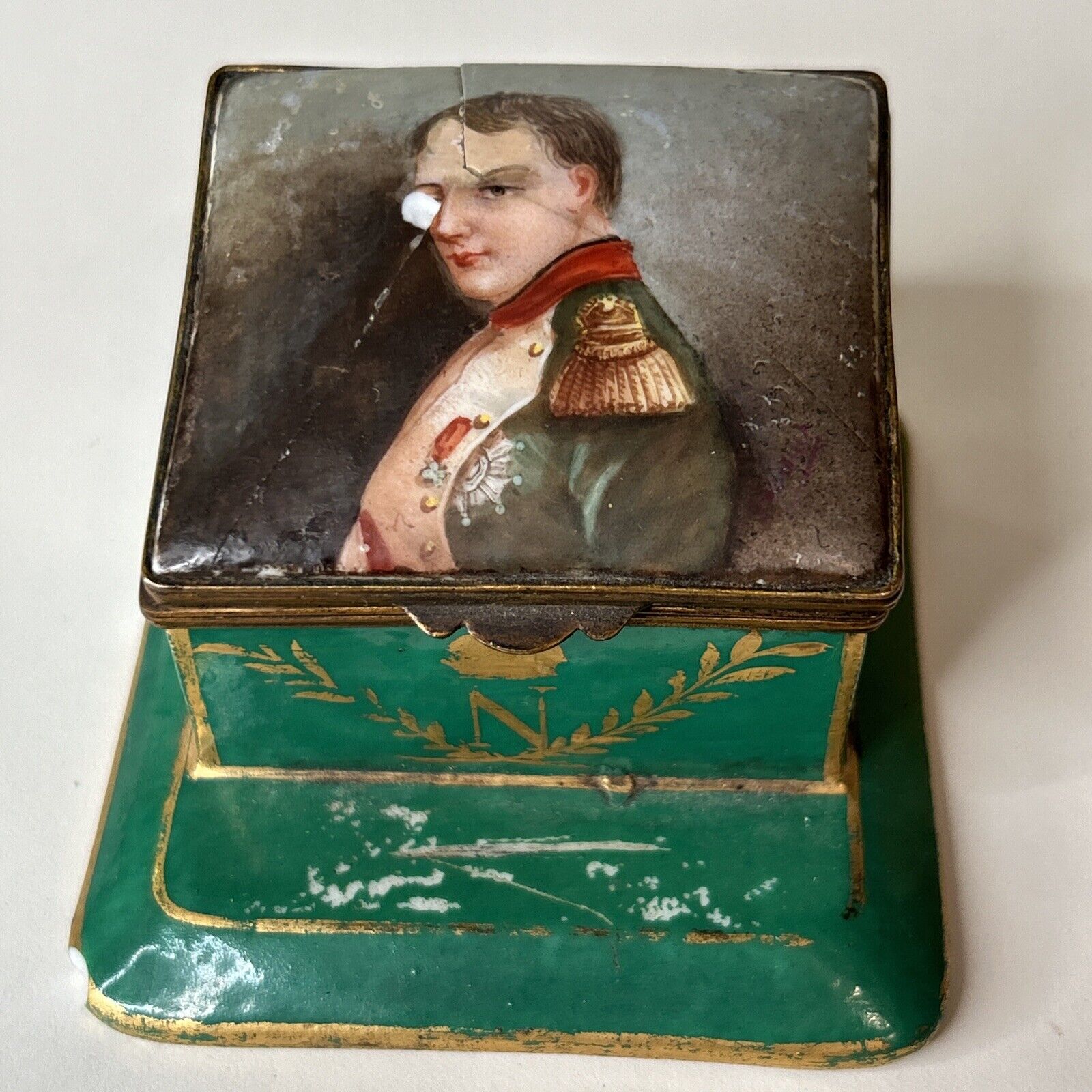 Antique 1840s Jewelry Pill Holder Napoleon Porcelain Cracked Old Hand Painted 3”