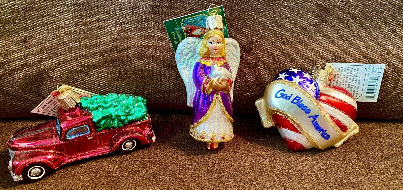 Old World Christmas Ornament Lot - God Bless America Heart, Angel,Truck w/Tree