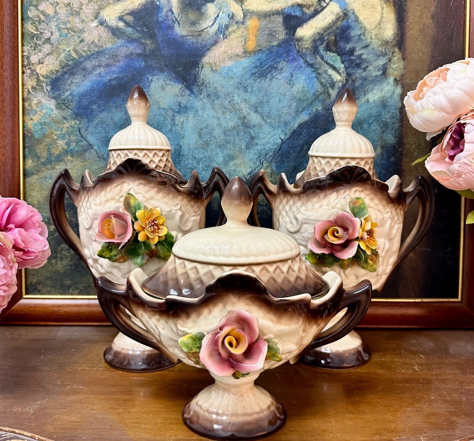 Stunning Vintage Set of 3 Italian Lidded Urn-Form Vases with Applied Flowers