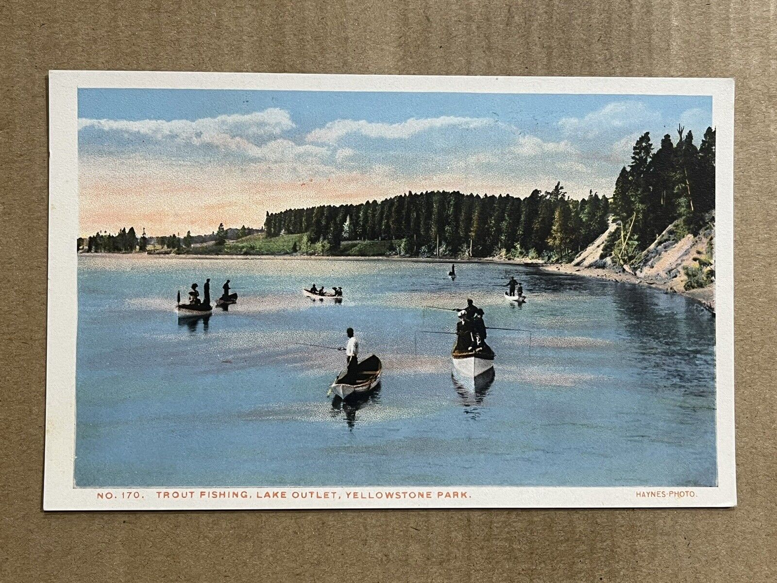 Postcard Lake Outlet Yellowstone Park WY Wyoming Trout Fishing Boats Vintage PC