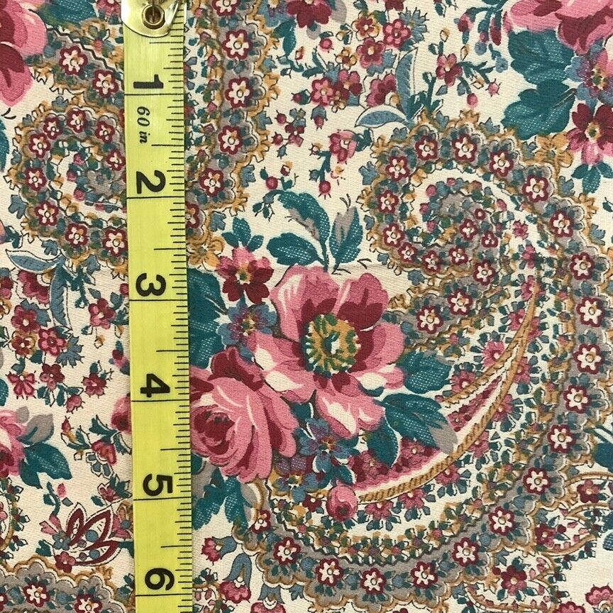 Antique Fabric ~ 19th Century ~ Roses & Paisley Print ~ Tan Pink Teal~ 17\