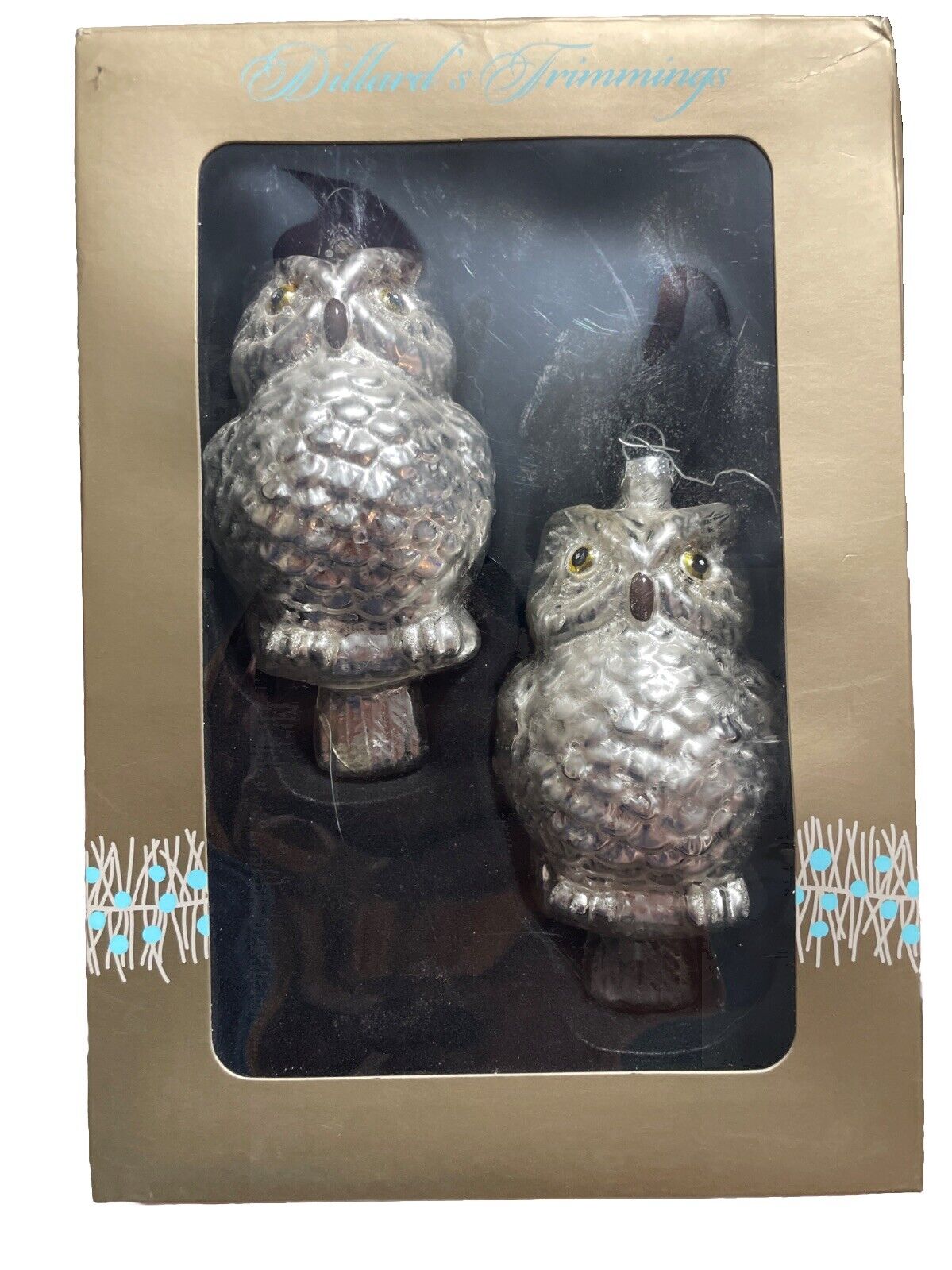 Vintage Dillard\'s Trimmings 6 Inch Silver Owls Ornaments in Box Christmas