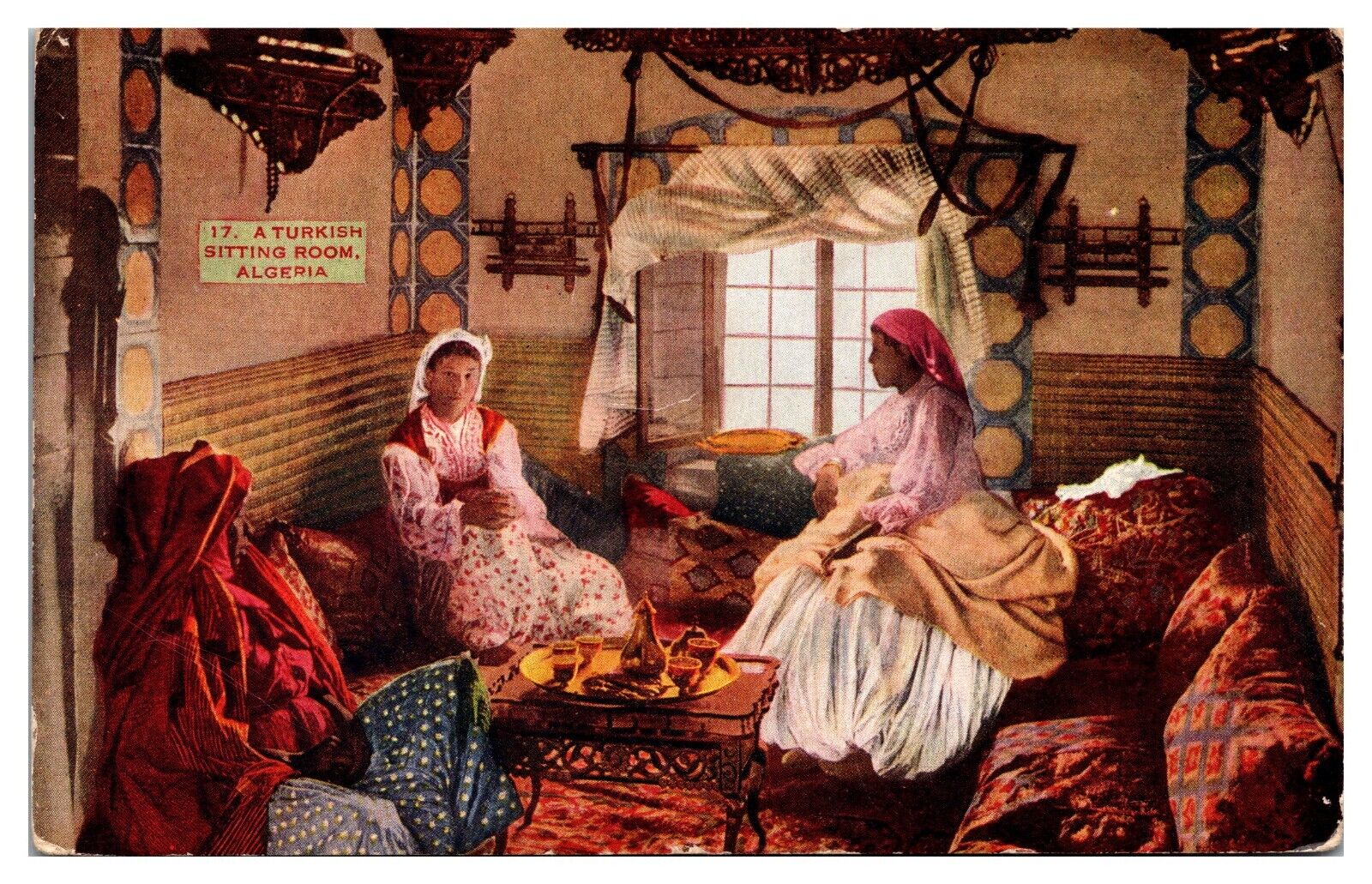 1914 Turkish Sitting Room, Traditionally Dressed Women, Algeria, Postcard