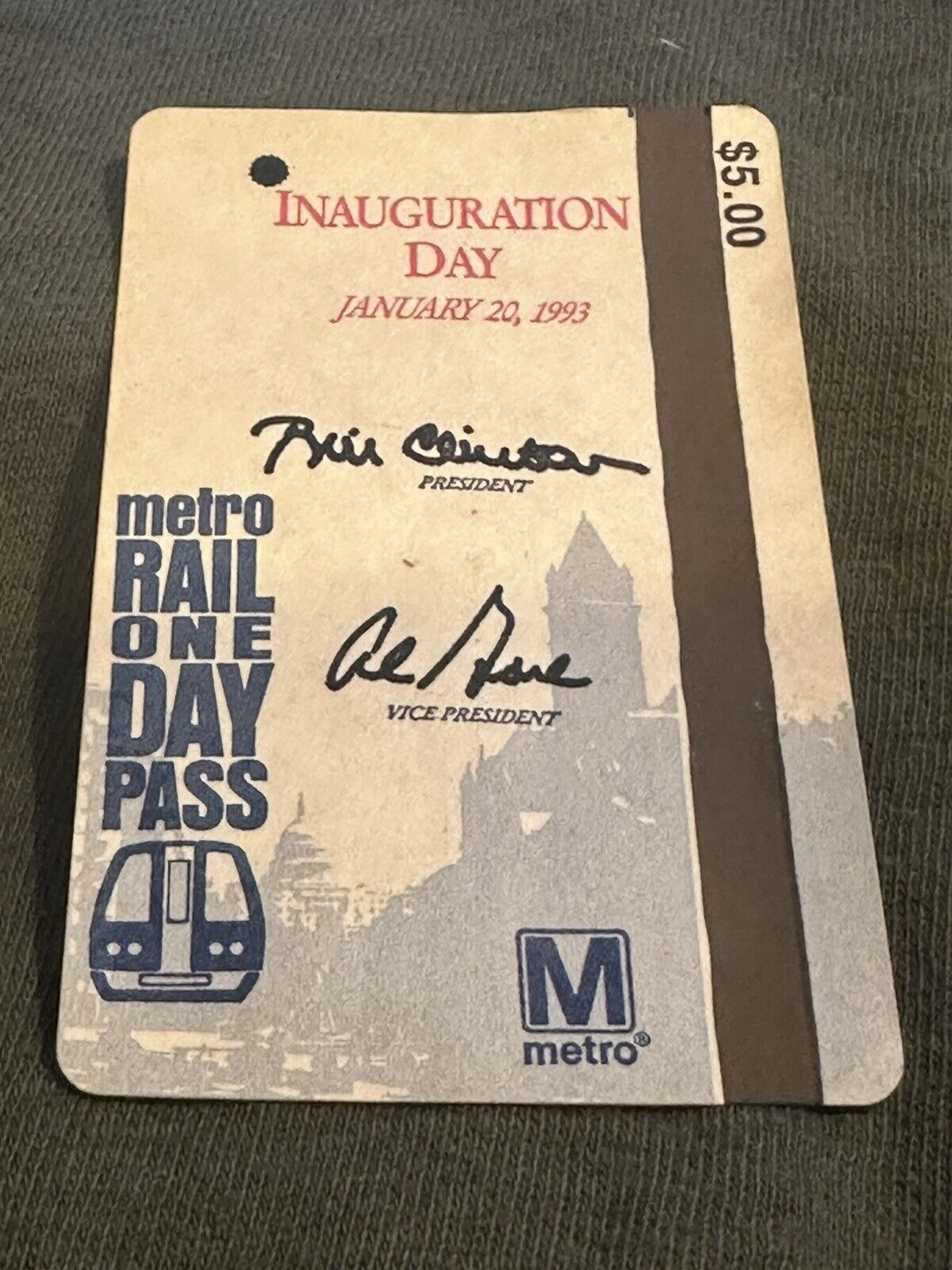 January 20, 1993 President Bill Clinton Inauguration Day Metro Rail Pass Wash DC