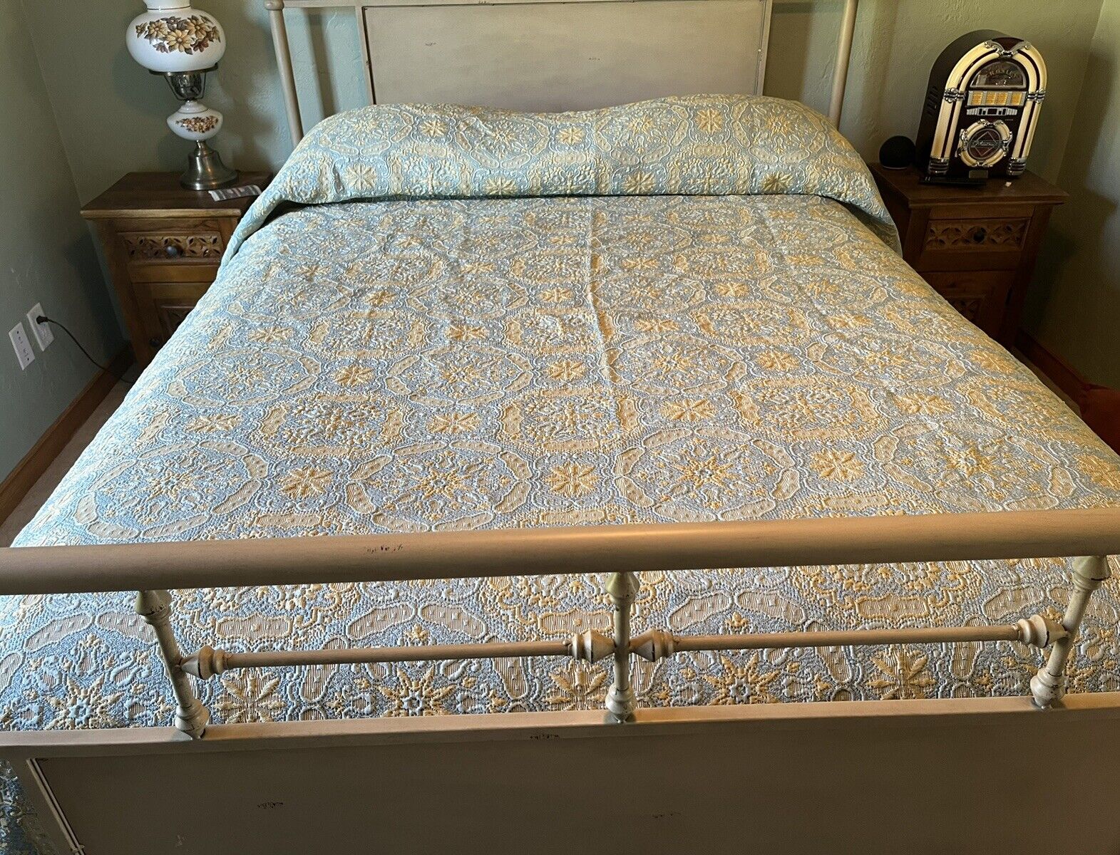 Vintage Sears Bellissimo Collection Heavy Woven Bedspread 80” X 95“ Blue/Yellow