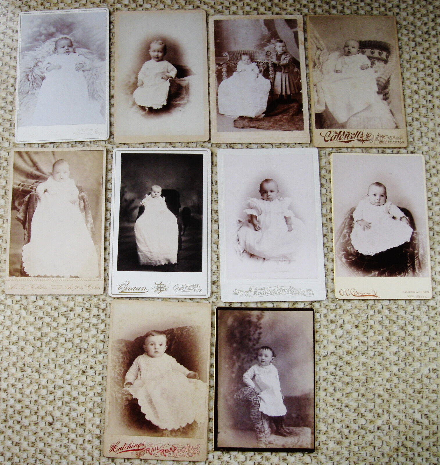 LOT OF 10 VARIOUS ANTIQUE CABINET PHOTOS OF DARLING INFANTS IN CHRISTENING GOWNS