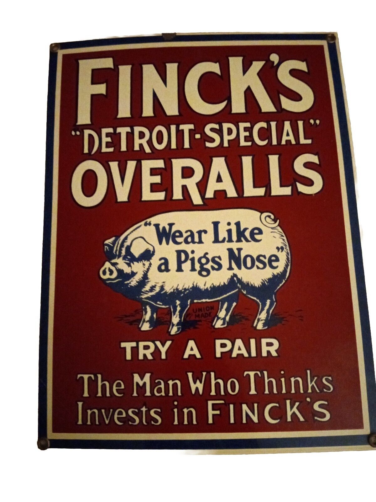 Vintage Finck\'s Detroit Special Overalls Pig Advertising 12” x 9\