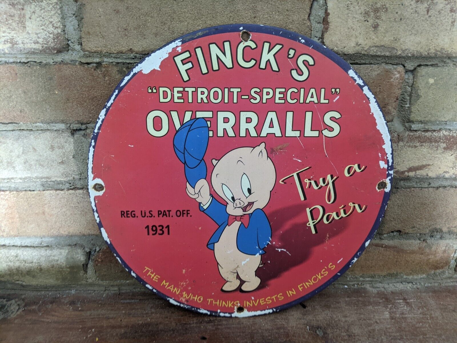1931 FINCK'S OVERALLS PORCELAIN CLOTHING ADVERTISING SIGN DETROIT-SPECIAL 12