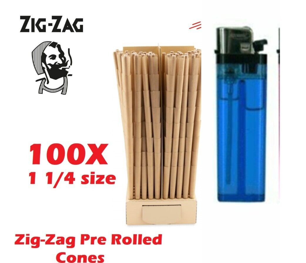 Authentic Zig-Zag 1 1/4 Size Unbleached Pre rolled Cone 100 Cones + Free LIGHTER