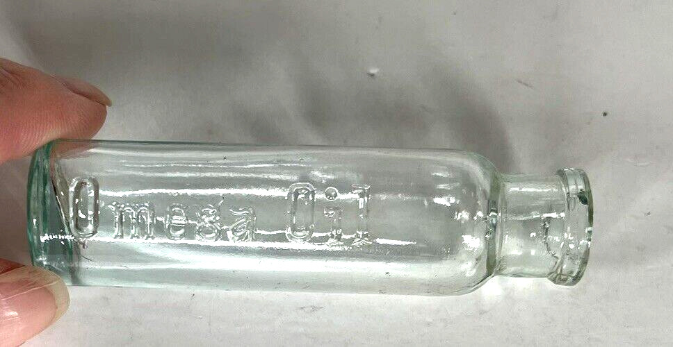 Antique Vintage OMEGA OIL Light Green Glass Bottle 3 1/4\
