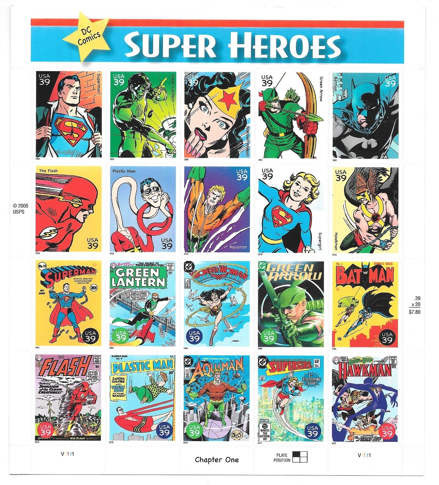 2005 DC Comics Super Heroes Stamp Sheet NM+ Condition 39 Cent Stamps