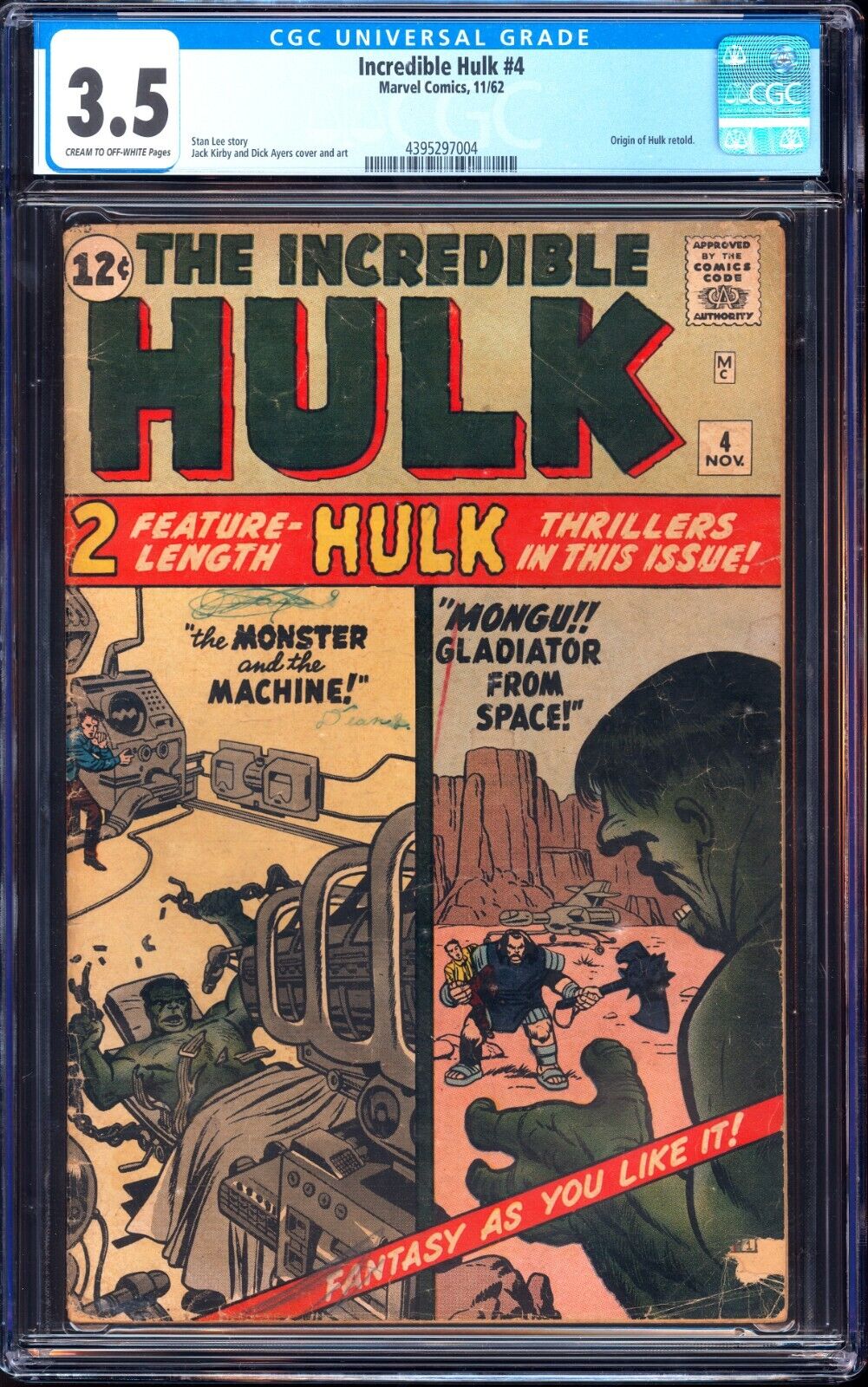 Marvel Incredible Hulk #4 CGC 3.5 Cream to OW Pages 1962 - Origin of Hulk Retold