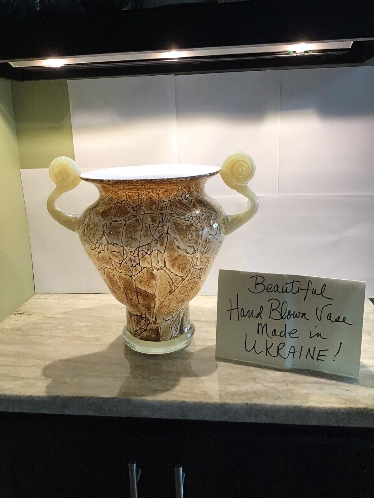 Large 12”x12” Handmade Art Glass Vase Made In Ukraine Scrolled Handles Stunning