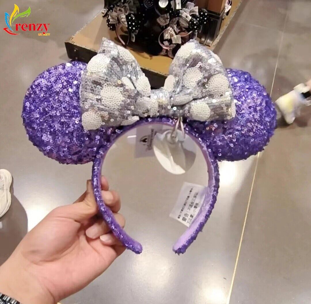 Rare Mickey Purple Silver Bow Sequins Shanghai Disney Parks Headband Ears