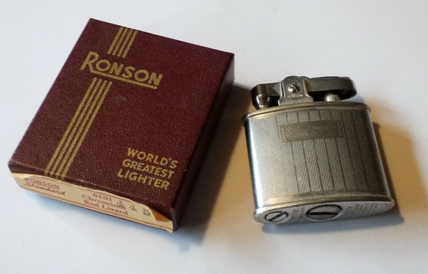 Vintage Ronson Newark NJ. USA Standard Lighter Chrome Engraveable W Original Box