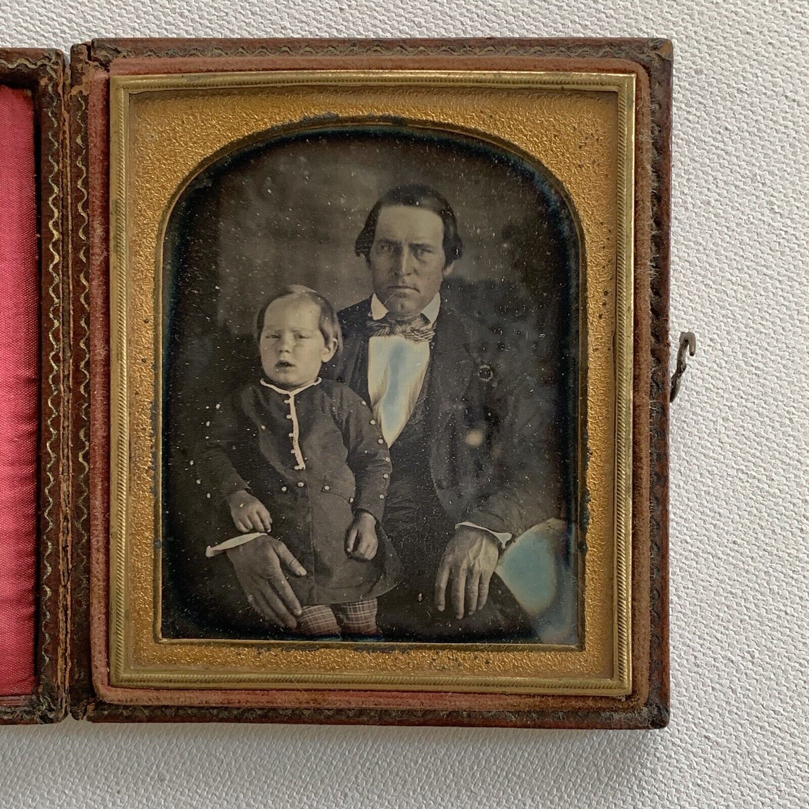 Antique Daguerreotype Photograph Full Case Man And Son Boy Child No Wipe Marks